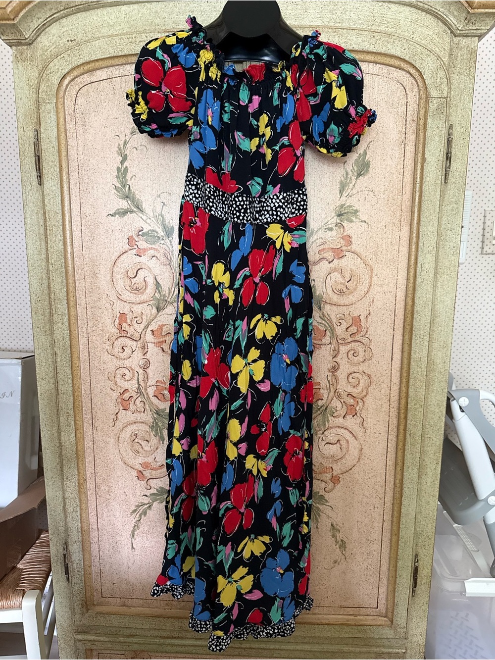 RIXO Black  Floral Maxi Dress with Puff Sleeves